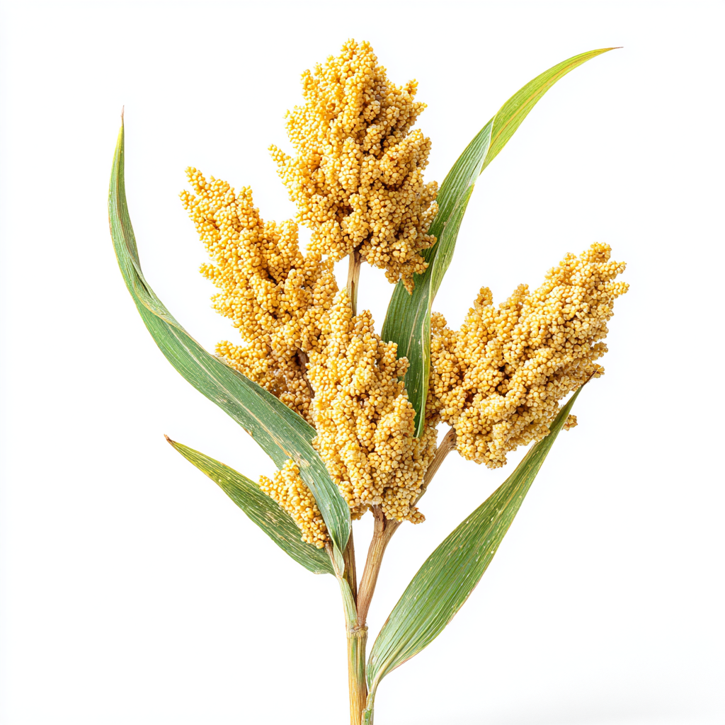 "Fresh millet (Hirse, Panicum miliaceum / Setaria italica) panicle on stalk with intact golden seed clusters and clean green stem and leaves, realistic botanical morphology, completely dry surface, absolutely no water droplets. Natural grain and panicle texture clearly visible. Centered subject with a uniform ~20% empty white margin on all four sides. Isolated on a pure white background (solid pure white, no texture, no shadows). Hyper-realistic macro botanical photography, scientific nutraceutical raw mate