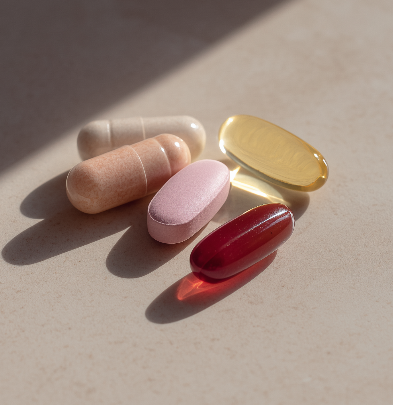 Colorful pills on a beige surface with soft shadows